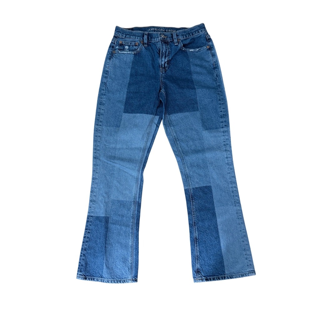 American Eagle 90s Bootcut Jeans Womens 4 Patchwork Multi Blue Denim Grunge - Picture 1 of 11